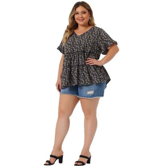 Plus Size Tops V Neck Short Sleeve Floral Babydolls Blouses Black Purple - Picture 3 of 6